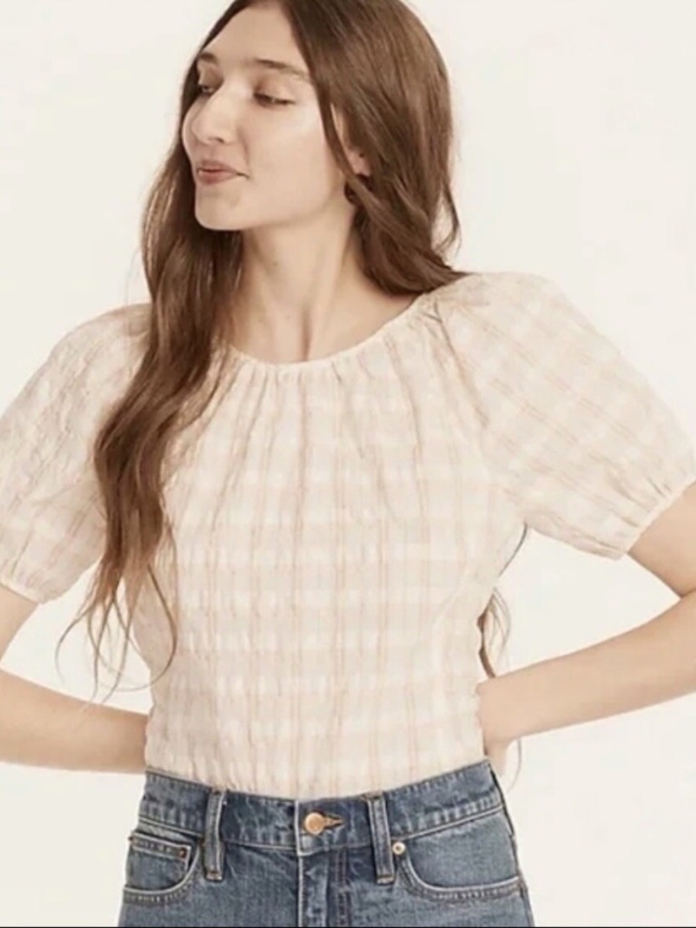 J. Crew • V-Back Puff-Sleeve Cream/White Plaid Top